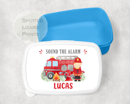 Blue Boys lunch Box. Fire engine. Personalised with a name.