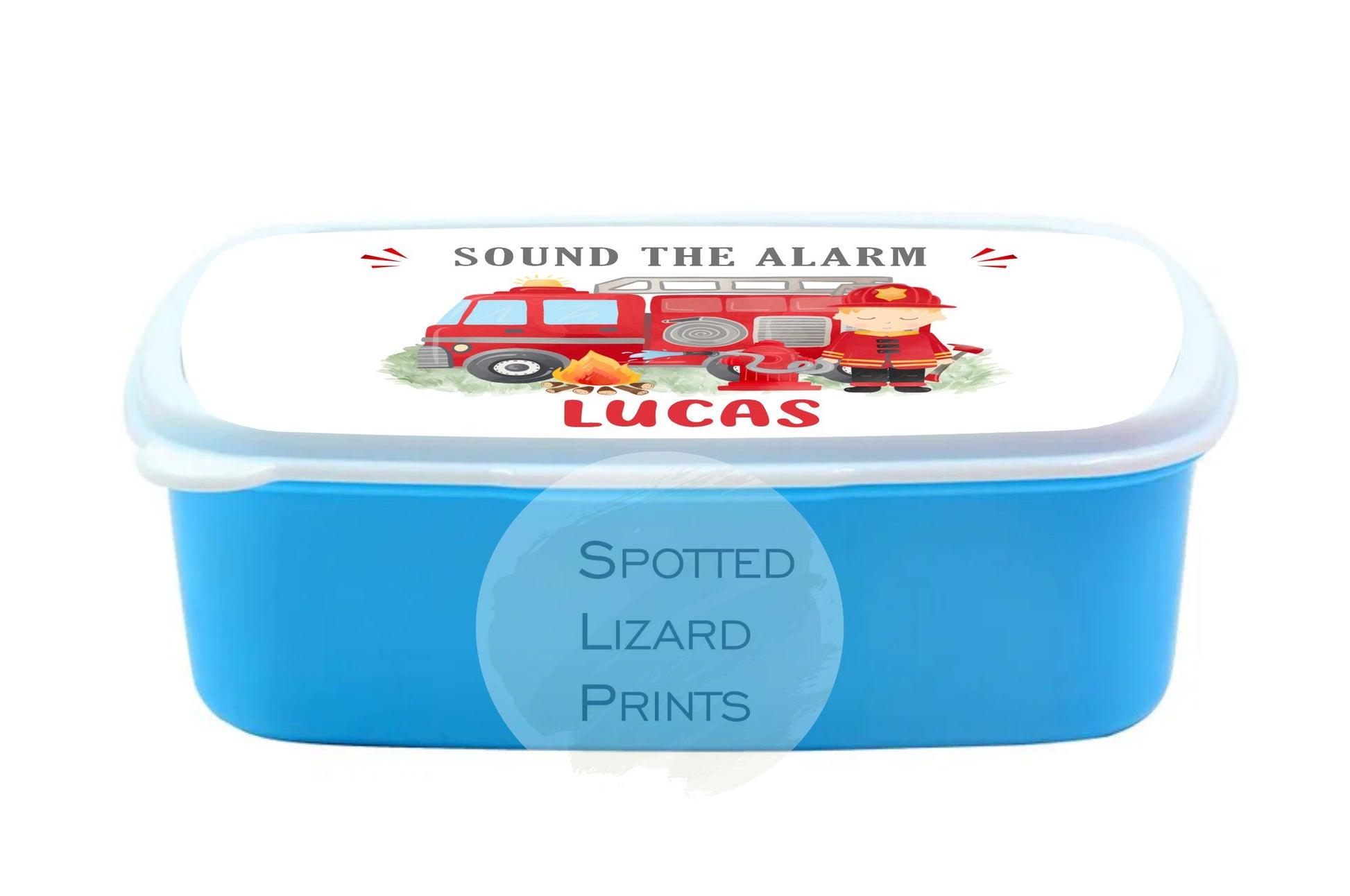 Blue Boys lunch Box. Fire engine. Personalised with a name.