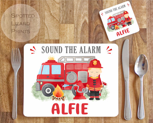 Personalised Fire Engine Placemat and Coaster Set, Kid's Dinner Set, Fire Engine gift, Children's Birthday Gift, Fire Engine Placemat