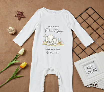 white baby romper, my first fathers day