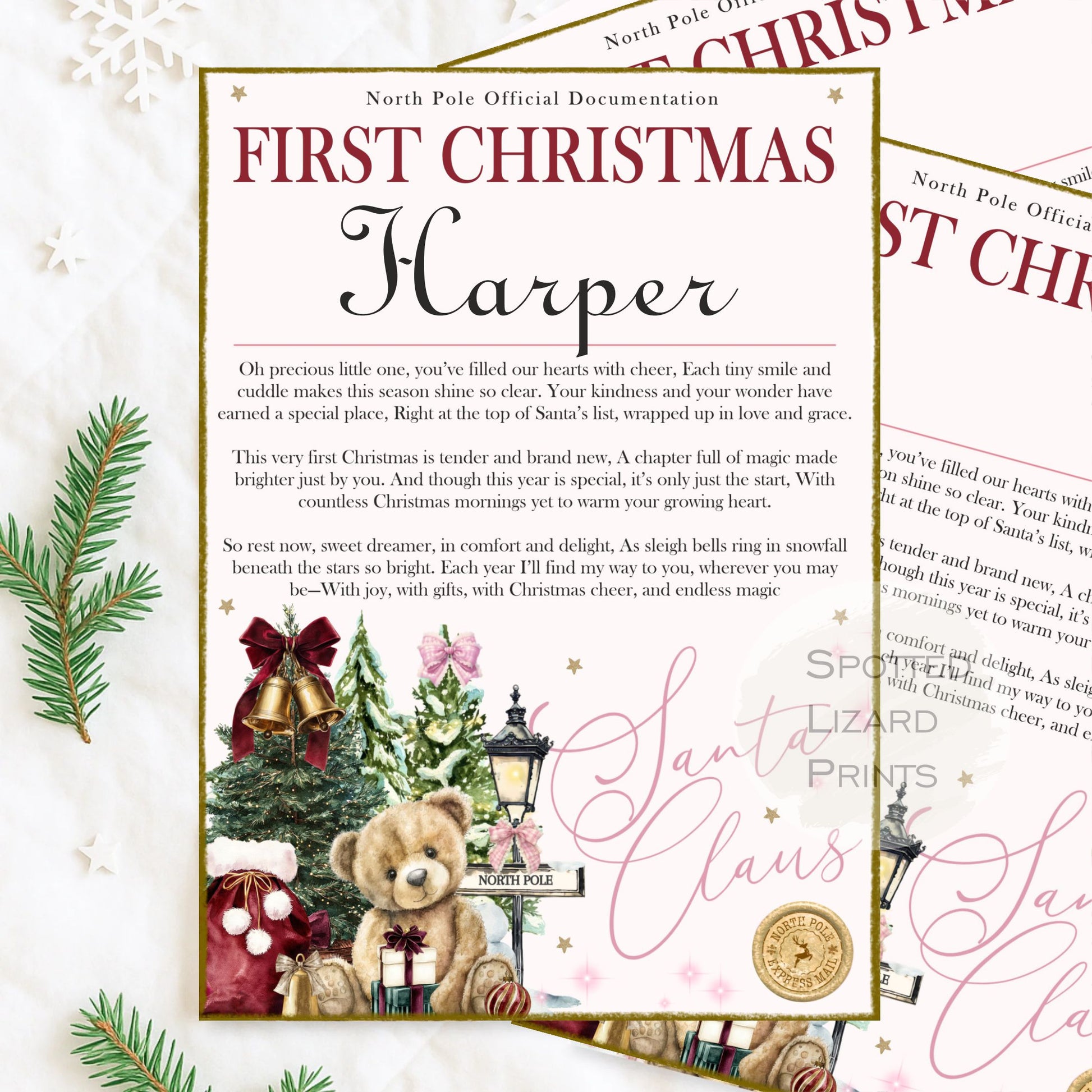 First Christmas certificate with teddy bear and festive elements on a light background.