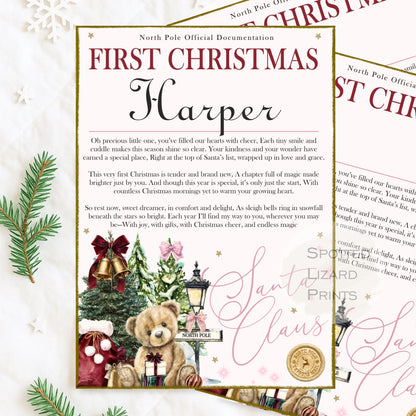 First Christmas certificate with teddy bear and festive elements on a light background.