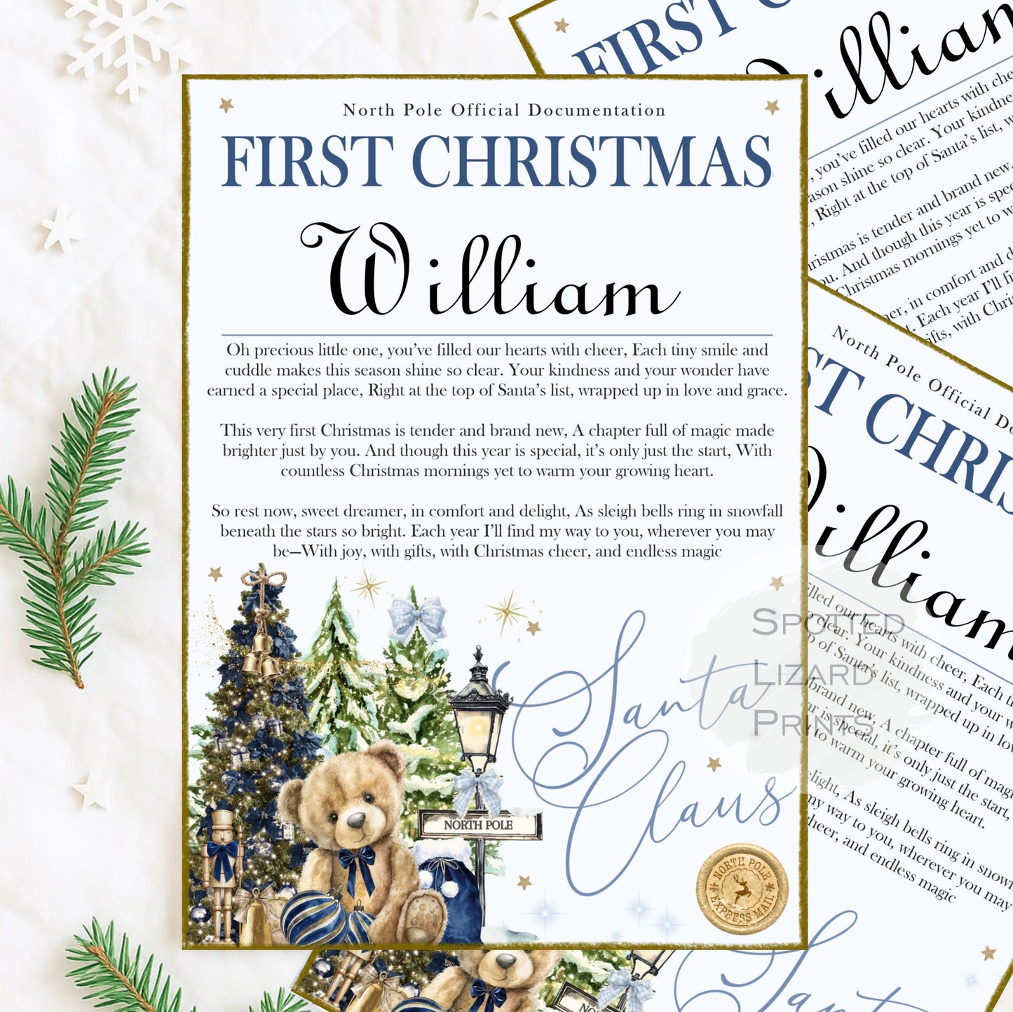 First Christmas certificate with teddy bear and festive elements on a light background.