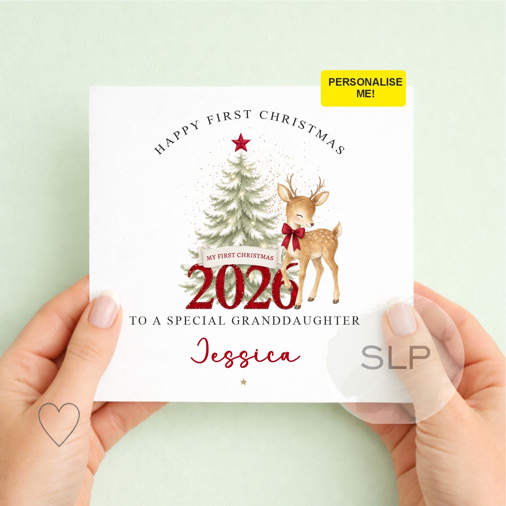 Personalised First Christmas Card 2026 | Baby Girl Reindeer Card