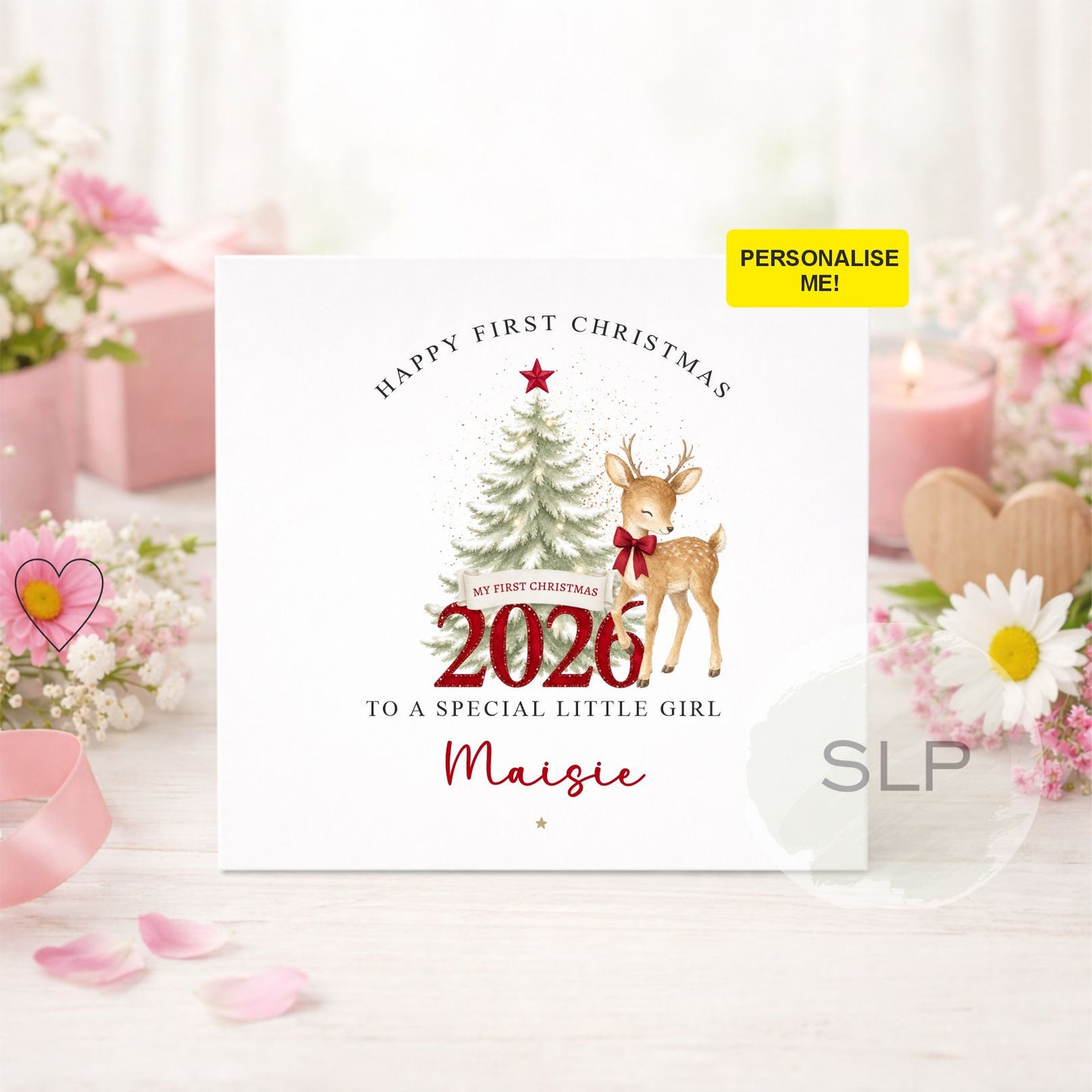 Personalised First Christmas Card 2026 | Baby Girl Reindeer Card