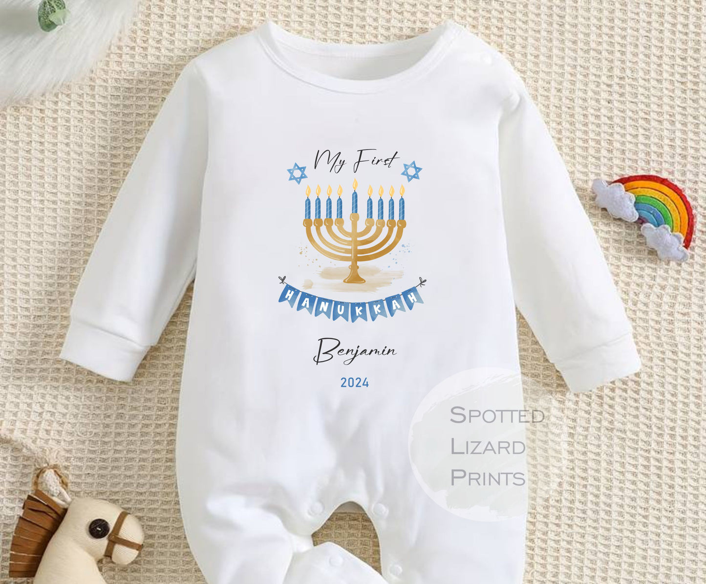 My First Hanukkah Personalised Baby - First Hanukkah sleepsuit - 1st Hanukkah Gift - Jewish Holiday Celebration - Chanukah Gift Baby Outfit