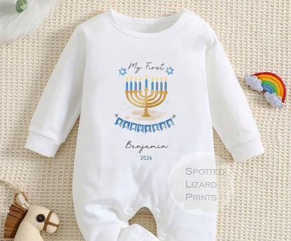 My First Hanukkah Personalised Baby - First Hanukkah sleepsuit - 1st Hanukkah Gift - Jewish Holiday Celebration - Chanukah Gift Baby Outfit