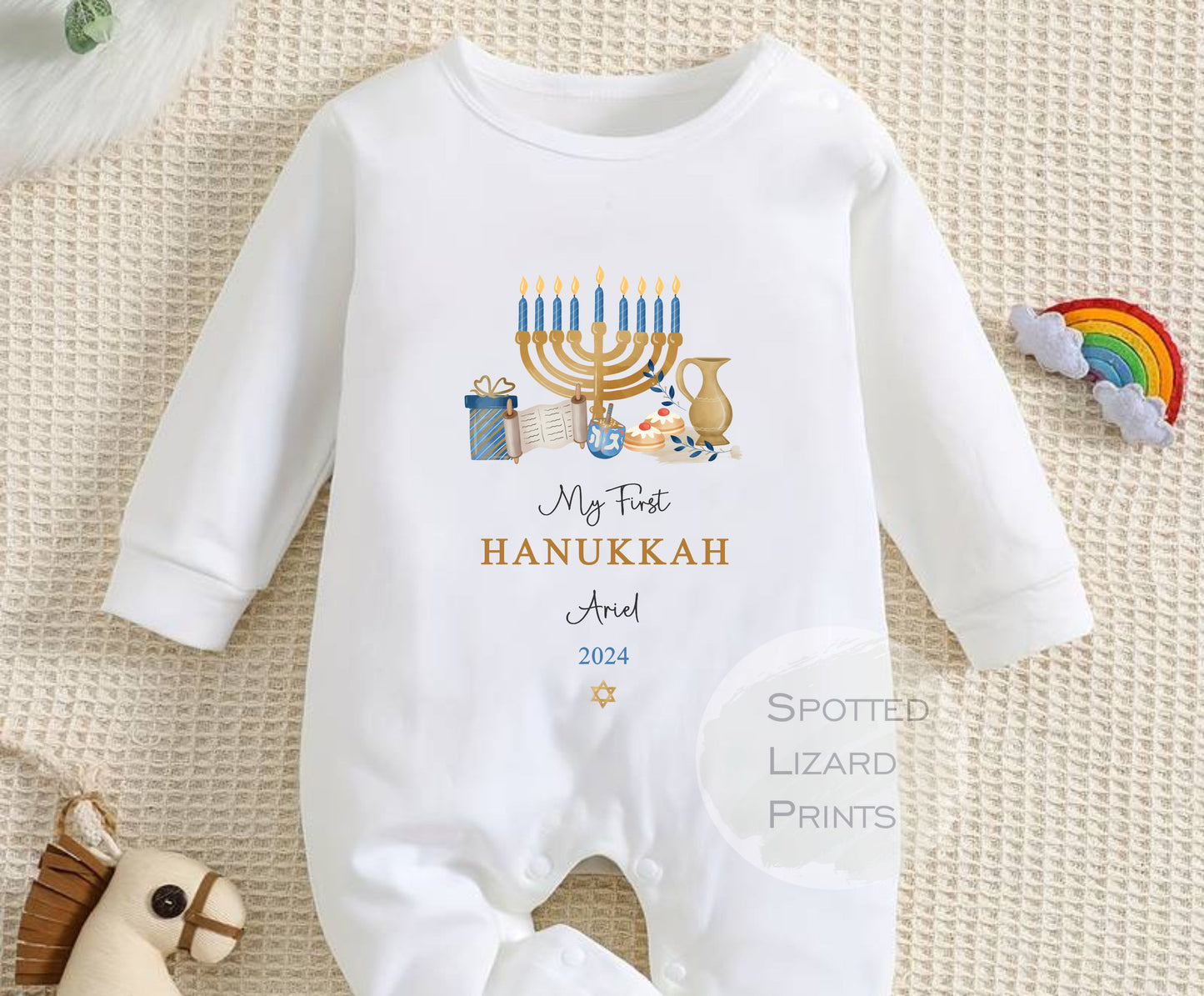 My First Hanukkah Personalised Baby - First Hanukkah sleepsuit - 1st Hanukkah Gift - Jewish Holiday Celebration - Chanukah Gift Baby Outfit