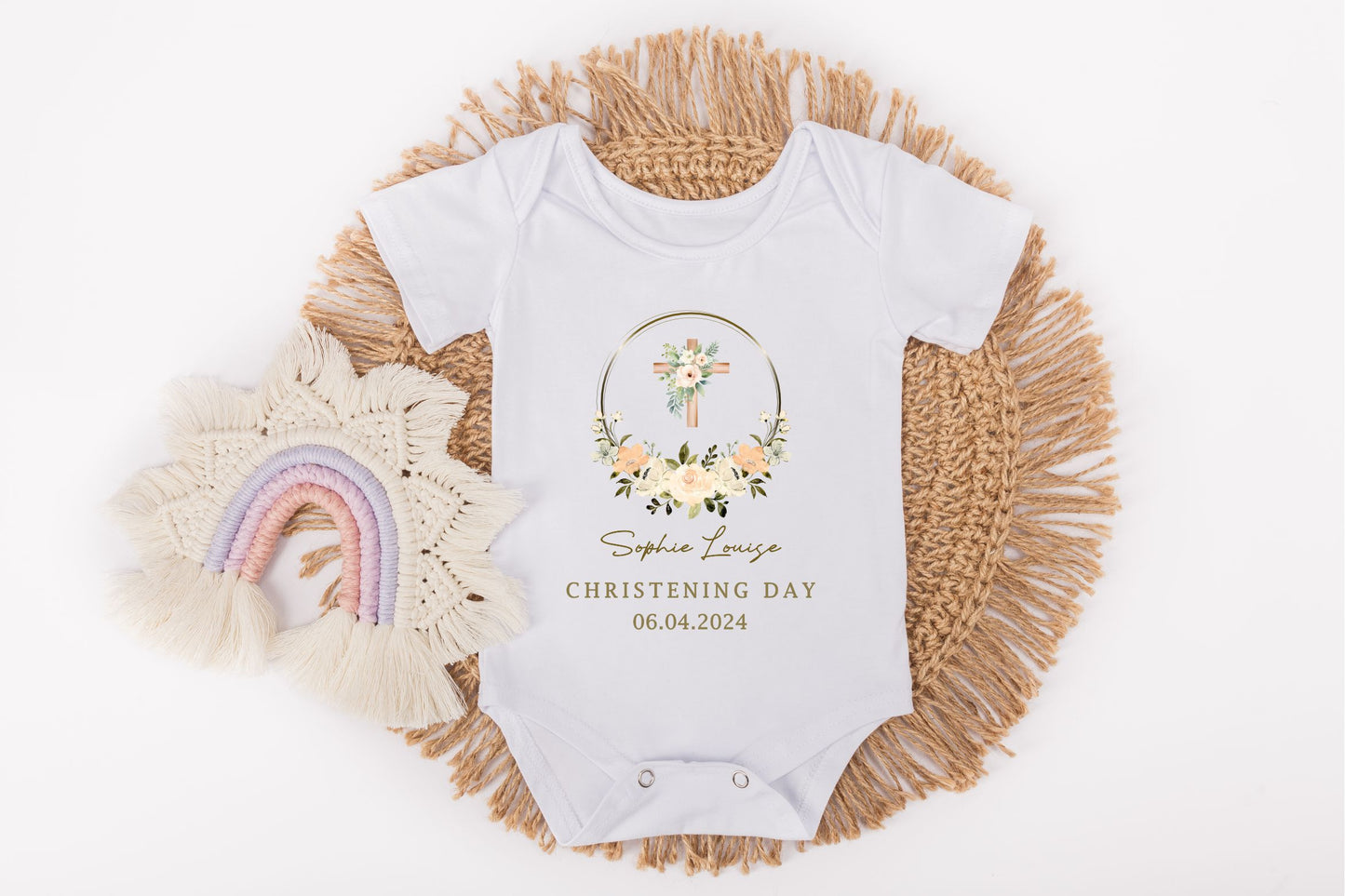 white personalised baby vest for christening day