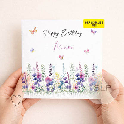 Personalised Floral Birthday Card – Custom Name Birthday Card – Wildflower & Butterfly Birthday Card – Birthday Card for Mum, Her, Friend