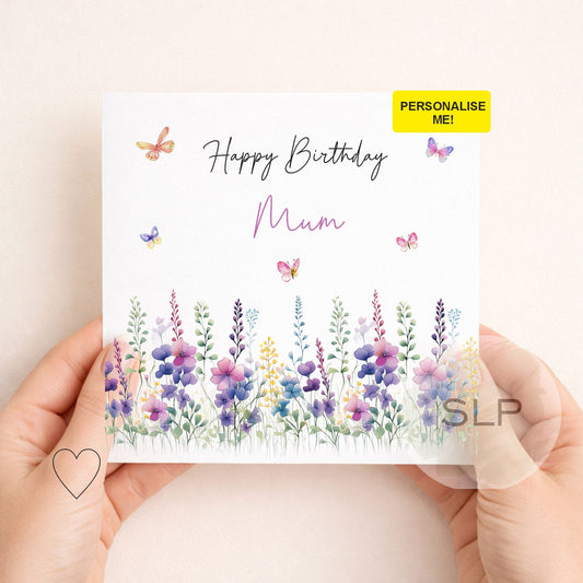 Personalised Floral Birthday Card – Custom Name Birthday Card – Wildflower & Butterfly Birthday Card – Birthday Card for Mum, Her, Friend
