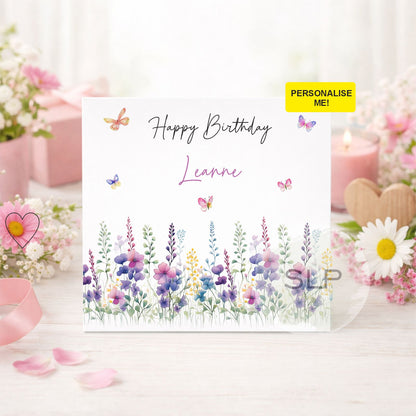 Personalised Floral Birthday Card – Custom Name Birthday Card – Wildflower & Butterfly Birthday Card – Birthday Card for Mum, Her, Friend