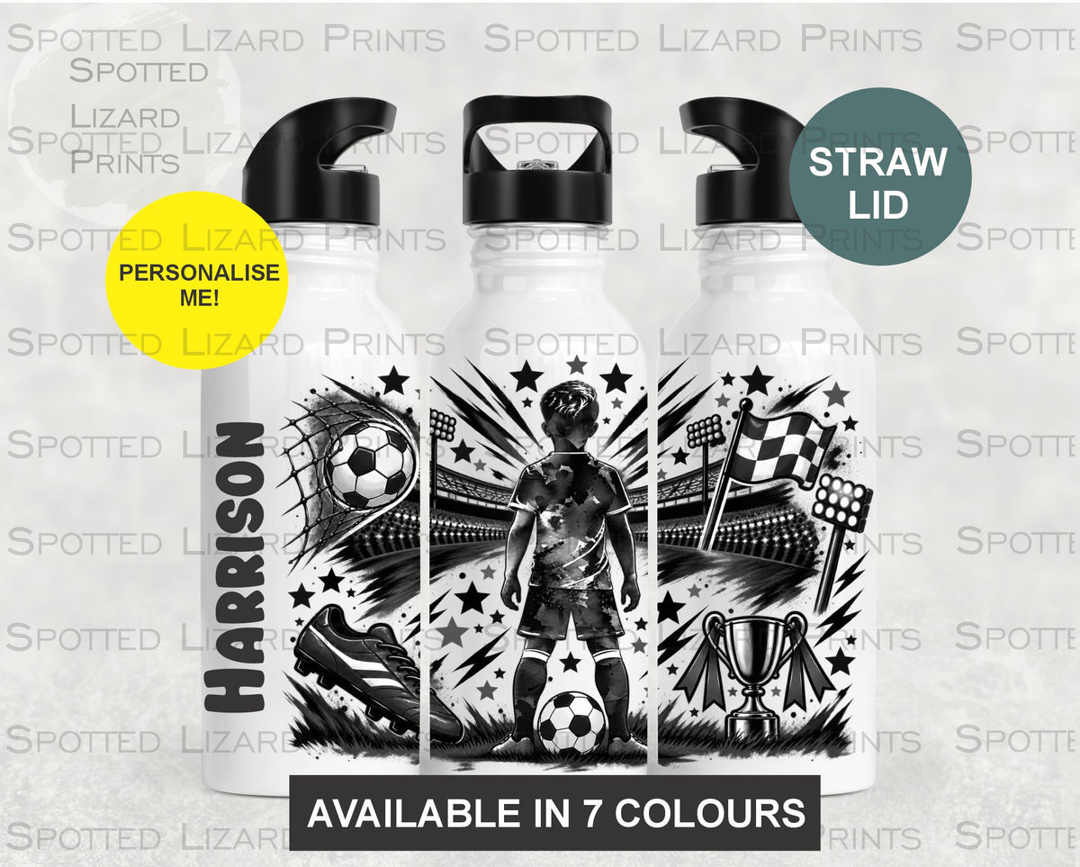 Personalised Football Kids Water Bottle, Stainless Steel Bottle with Straw | School Drink Bottle | 600ml, Football Team