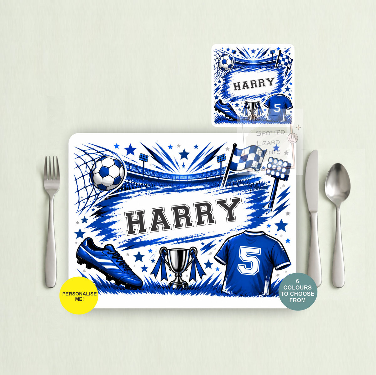 Personalised football placemat and coaster with your choice of name, shirt number and colour. Choose a placemat, coaster or matching set. A great football gift for kids.
