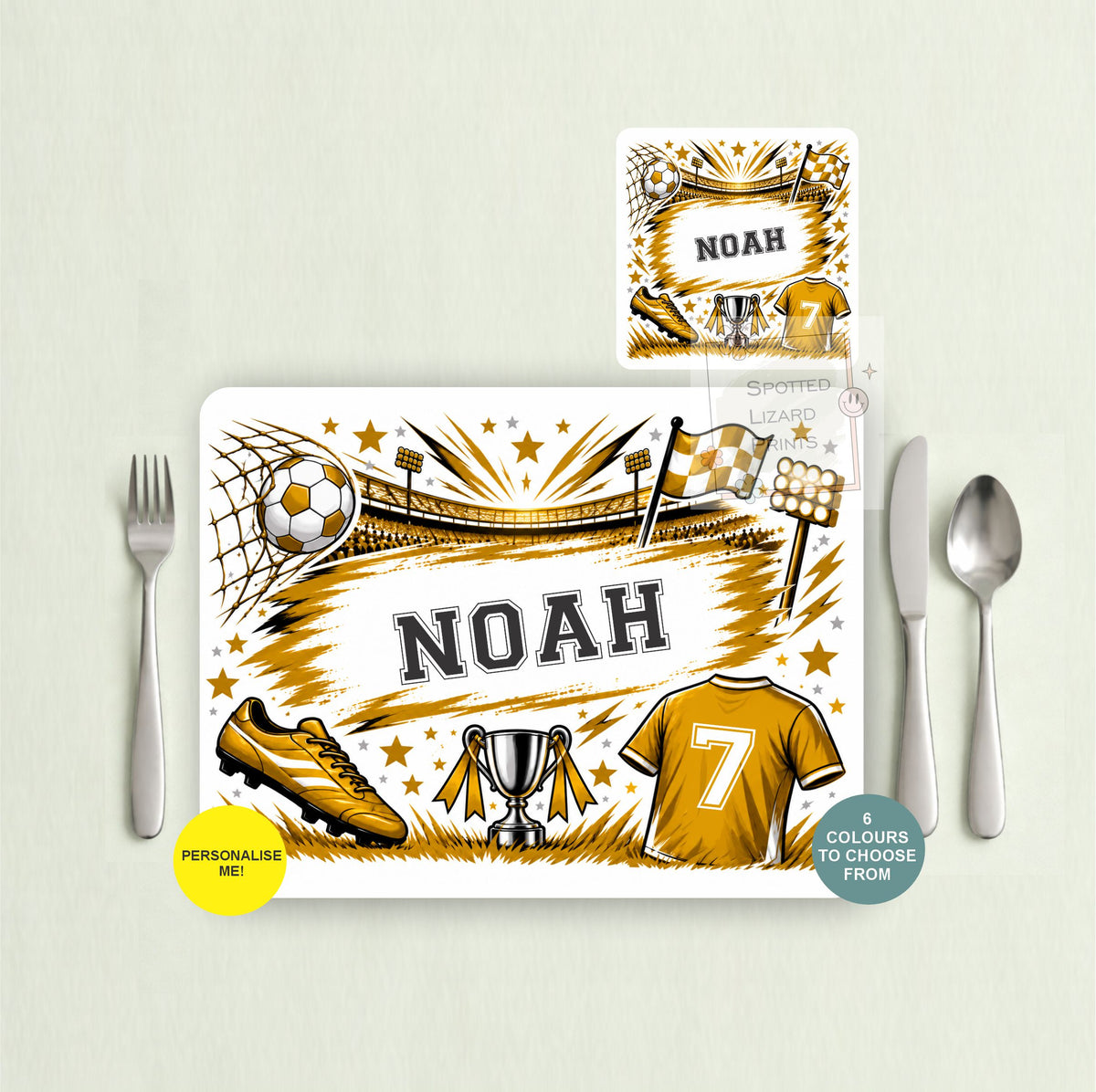 Personalised football placemat and coaster with your choice of name, shirt number and colour. Choose a placemat, coaster or matching set. A great football gift for kids.