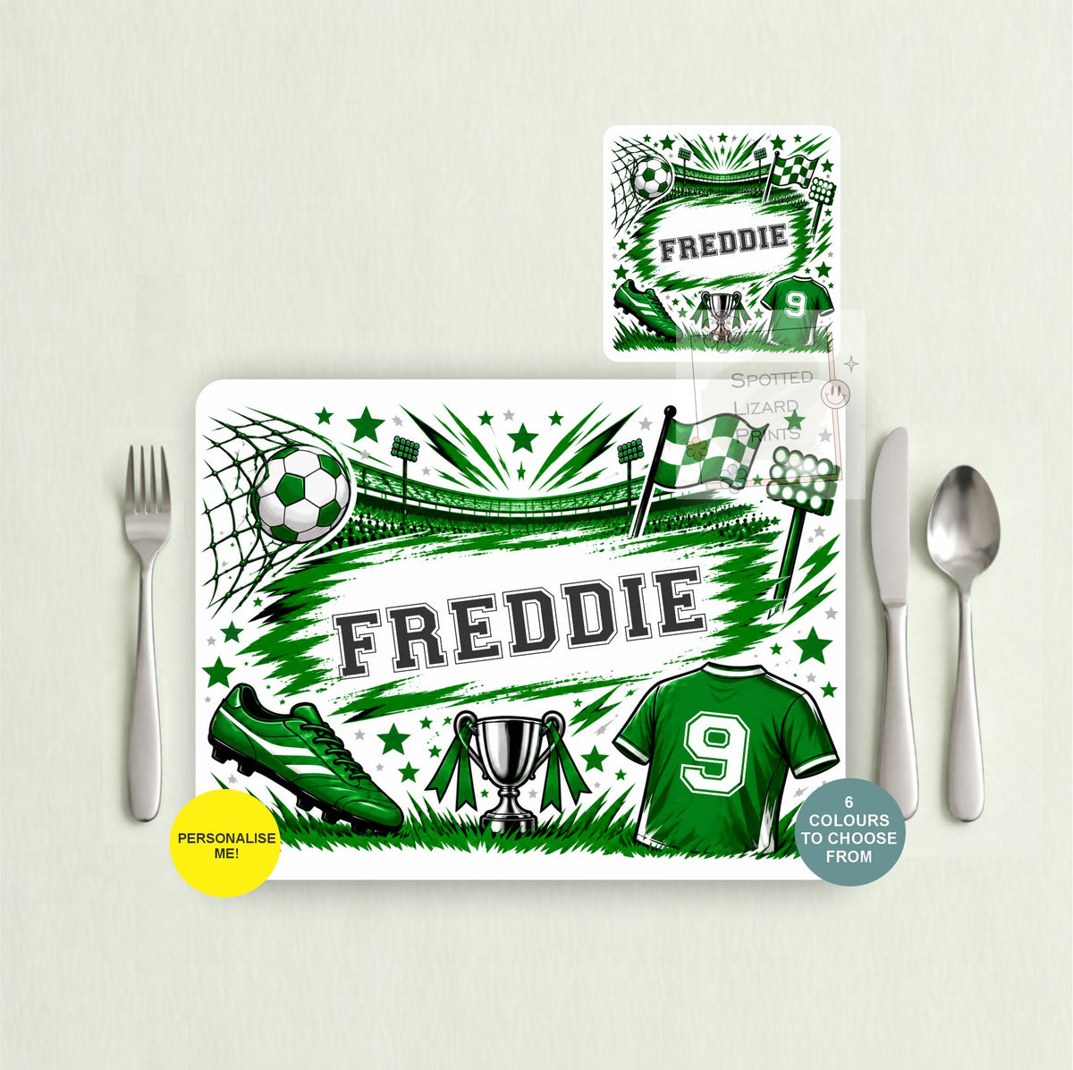 Personalised football placemat and coaster with your choice of name, shirt number and colour. Choose a placemat, coaster or matching set. A great football gift for kids.