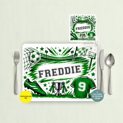 Personalised football placemat and coaster with your choice of name, shirt number and colour. Choose a placemat, coaster or matching set. A great football gift for kids.