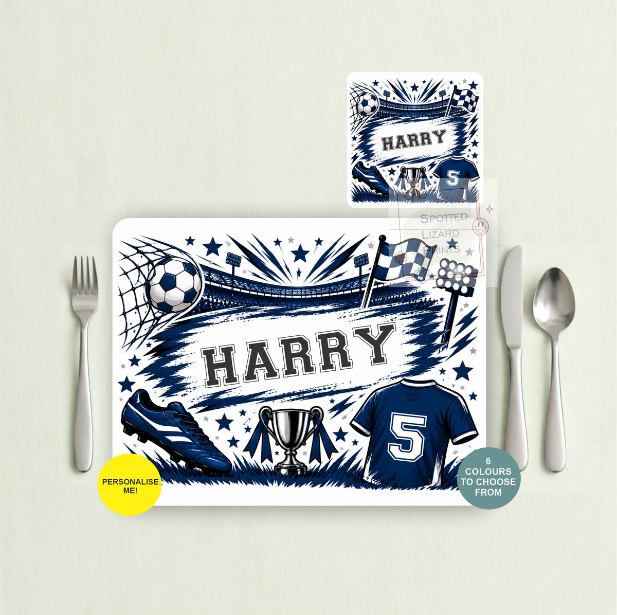 Personalised football placemat and coaster with your choice of name, shirt number and colour. Choose a placemat, coaster or matching set. A great football gift for kids.