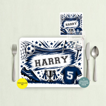 Personalised football placemat and coaster with your choice of name, shirt number and colour. Choose a placemat, coaster or matching set. A great football gift for kids.