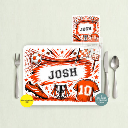 Personalised football placemat and coaster with your choice of name, shirt number and colour. Choose a placemat, coaster or matching set. A great football gift for kids.