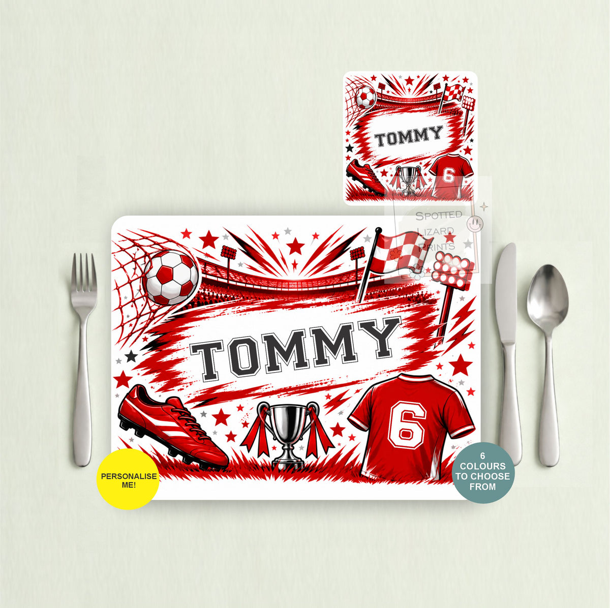Personalised football placemat and coaster with your choice of name, shirt number and colour. Choose a placemat, coaster or matching set. A great football gift for kids.
