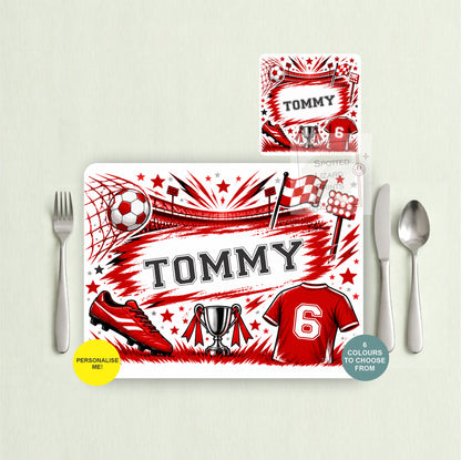 Personalised football placemat and coaster with your choice of name, shirt number and colour. Choose a placemat, coaster or matching set. A great football gift for kids.