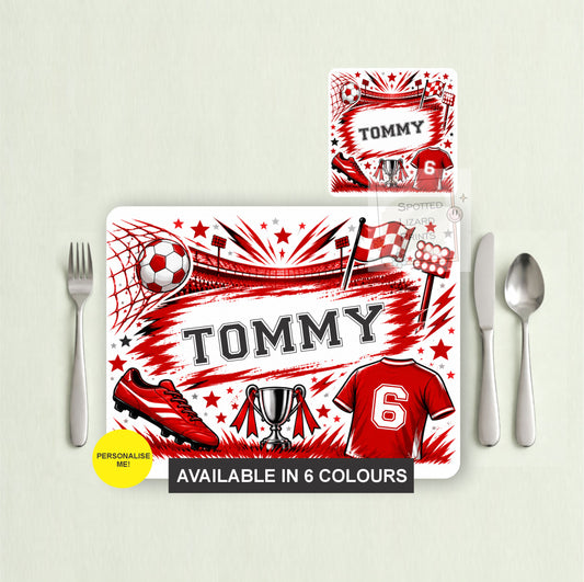 Personalised football placemat and coaster with your choice of name, shirt number and colour. Choose a placemat, coaster or matching set. A great football gift for kids.