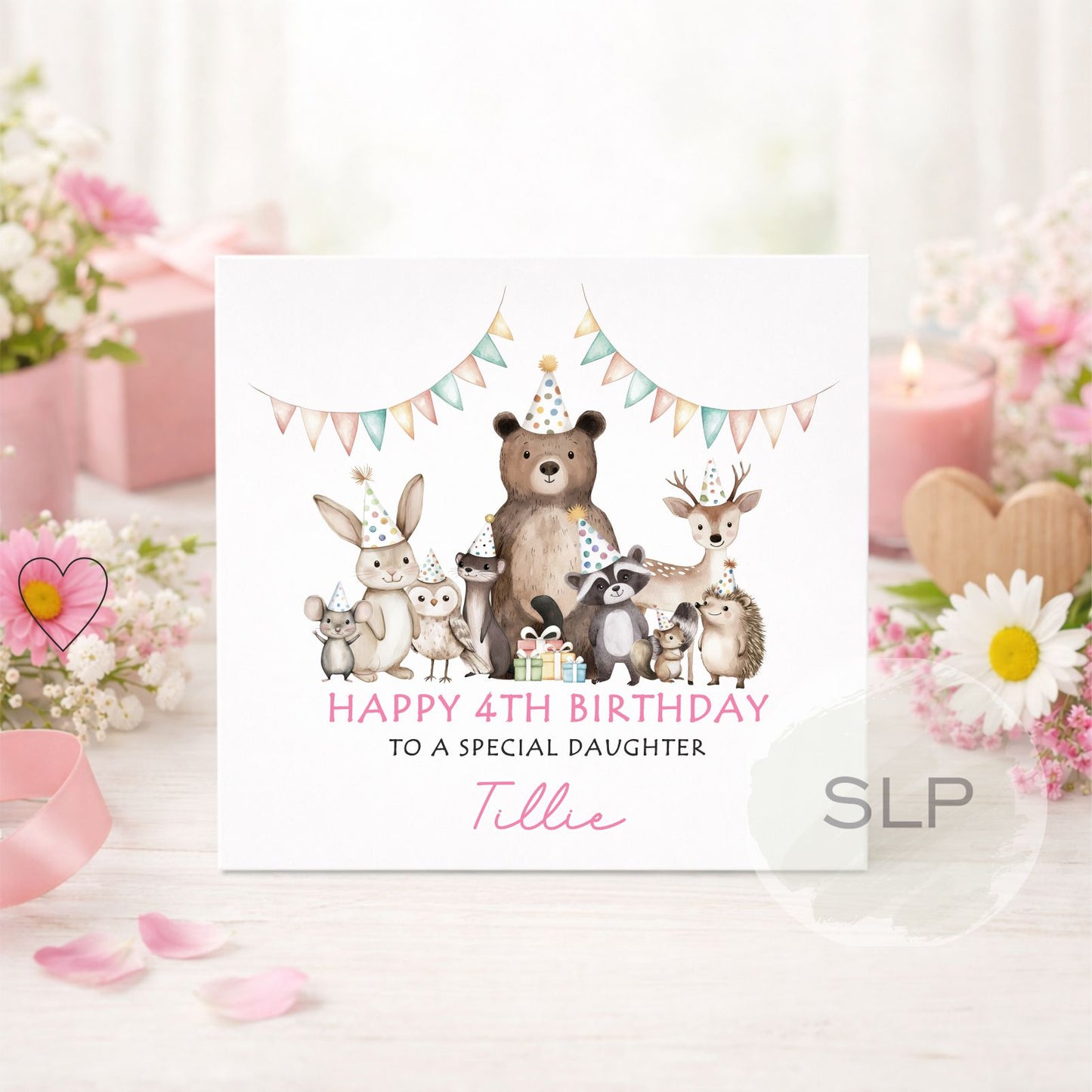 Personalised Woodland Animals Birthday Card – Cute Forest Party Card for Girl or Boy – Custom Age & Name – Daughter, Son, Grandchild