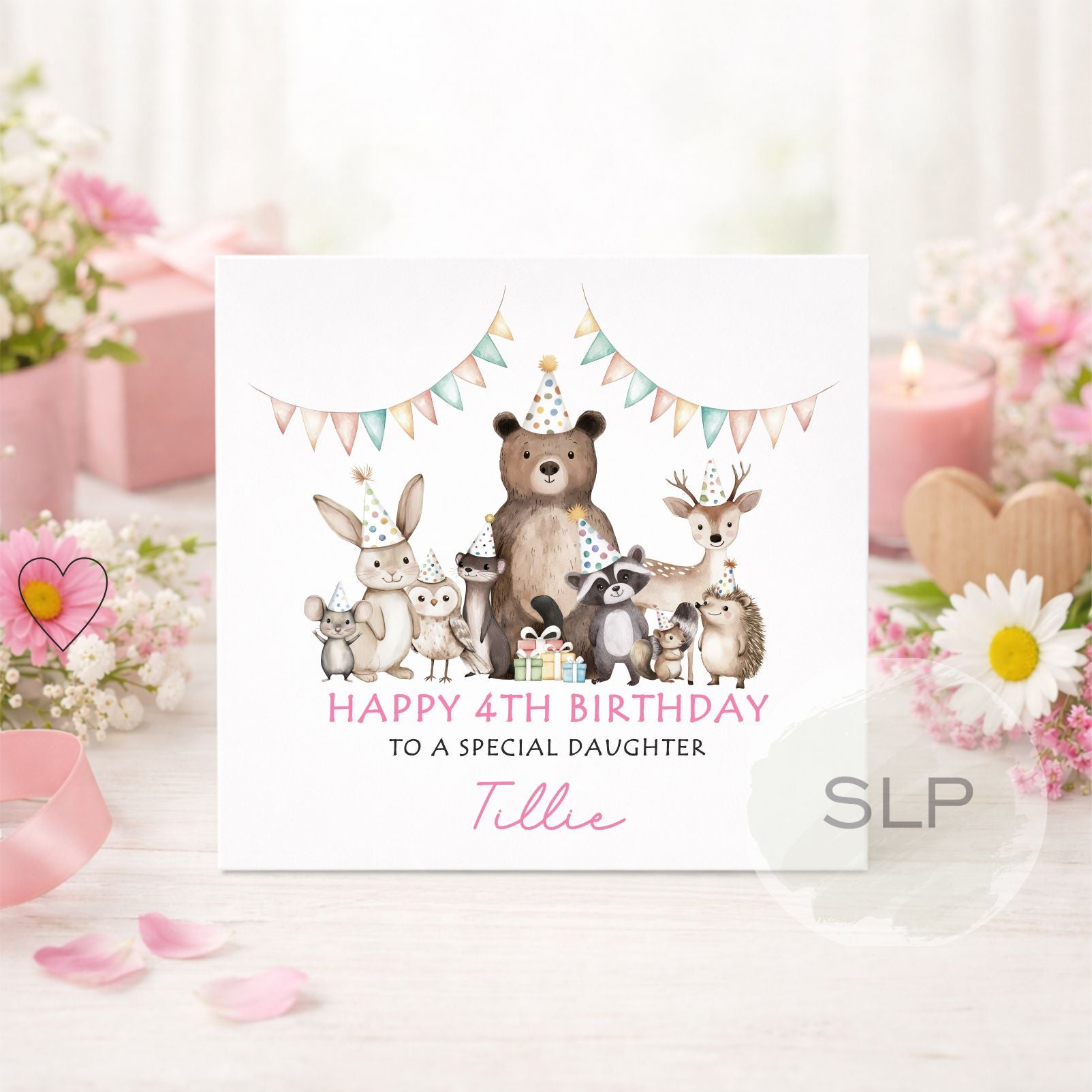 Personalised Woodland Animals Birthday Card – Cute Forest Party Card for Girl or Boy – Custom Age & Name – Daughter, Son, Grandchild