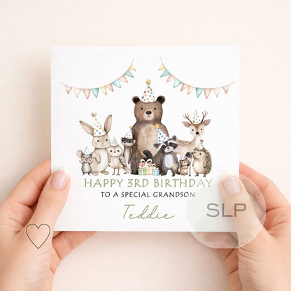 Personalised Woodland Animals Birthday Card – Cute Forest Party Card for Girl or Boy – Custom Age & Name – Daughter, Son, Grandchild