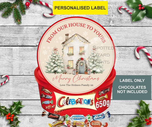 Personalised Christmas Chocolate Tub Label – “From Our House to Yours” Sweet Tub Sticker
