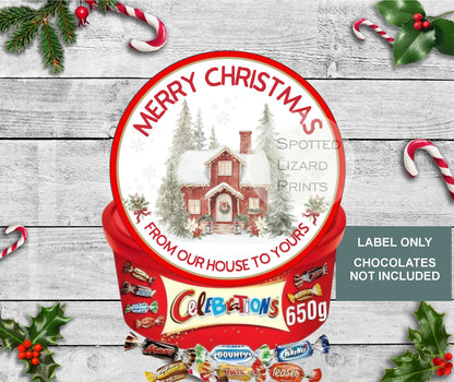 christmas chocolate tub sticker, from our house to yours