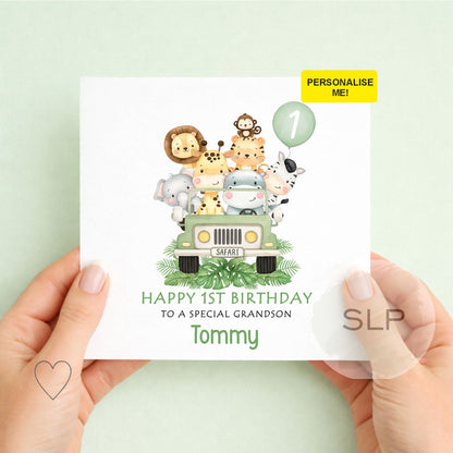 Personalised Safari First Birthday Card For Son, Grandson, Nephew, Godson | Jungle Birthday | Safari Animals 1st Birthday Card | Zoo Animals