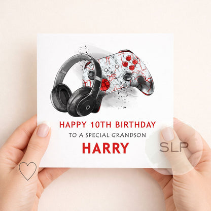 Personalised gaming birthday card with controller and headphones design. Add any name, age and relationship for a son, grandson, nephew or gaming fan.