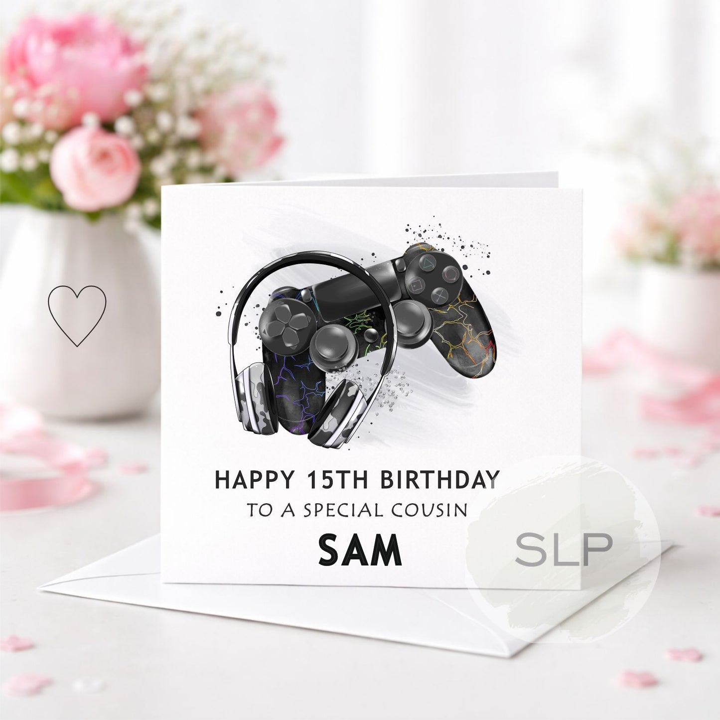 Personalised black gaming birthday card with controller and headphones. Add any age, name and relationship for a unique gamer birthday card.