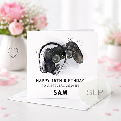 Personalised black gaming birthday card with controller and headphones. Add any age, name and relationship for a unique gamer birthday card.