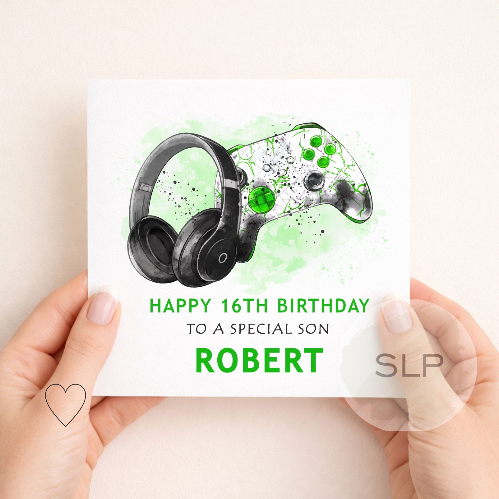 Personalised green gaming birthday card with controller and headphones. Add any age, name and relationship for a son, grandson, nephew or gamer.