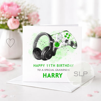 Personalised green gaming birthday card with controller and headphones. Add any age, name and relationship for a son, grandson, nephew or gamer.