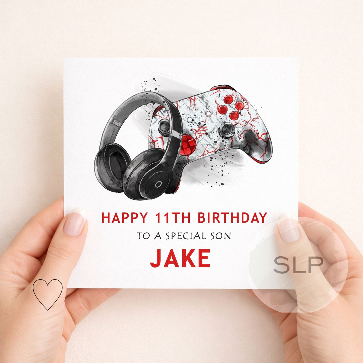 Personalised gaming birthday card with controller and headphones design. Add any name, age and relationship for a son, grandson, nephew or gaming fan.
