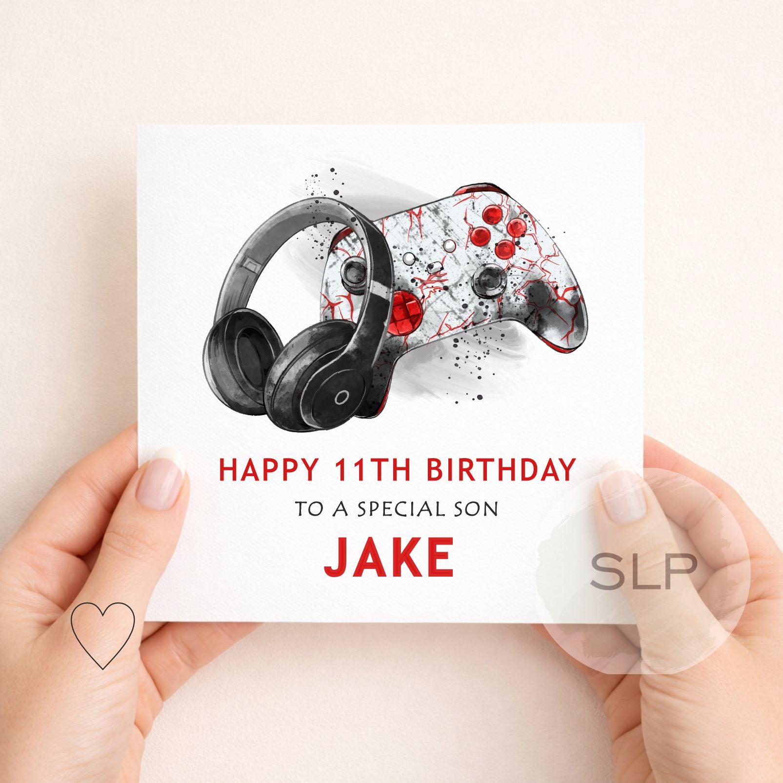 Personalised gaming birthday card with controller and headphones design. Add any name, age and relationship for a son, grandson, nephew or gaming fan.
