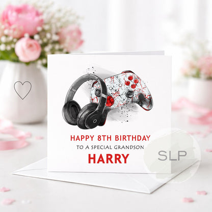 Personalised gaming birthday card with controller and headphones design. Add any name, age and relationship for a son, grandson, nephew or gaming fan.