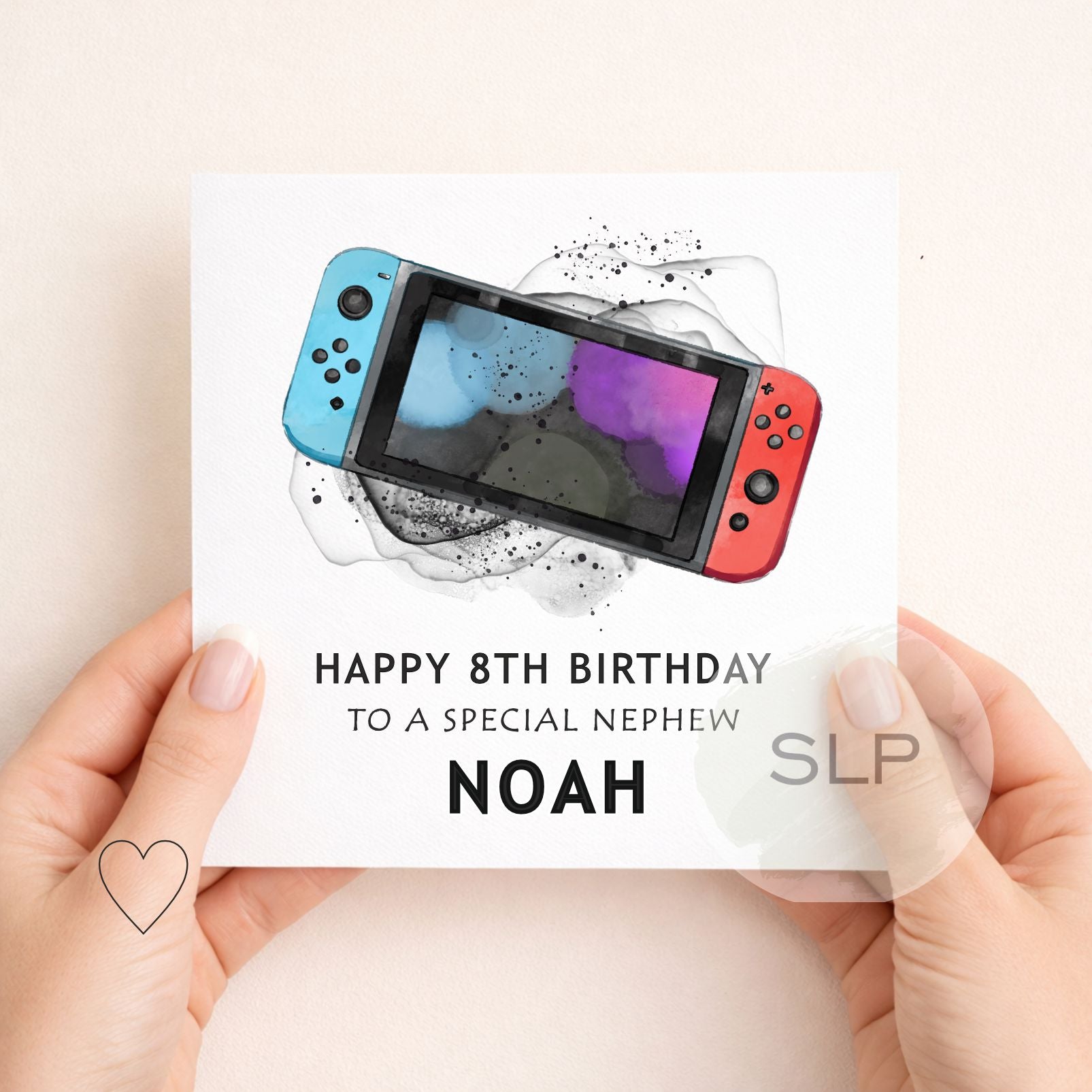 Personalised handheld gaming birthday card with colourful console design. Add any age, name and relationship for a unique gamer birthday card.
