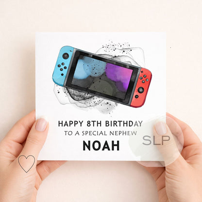 Personalised handheld gaming birthday card with colourful console design. Add any age, name and relationship for a unique gamer birthday card.