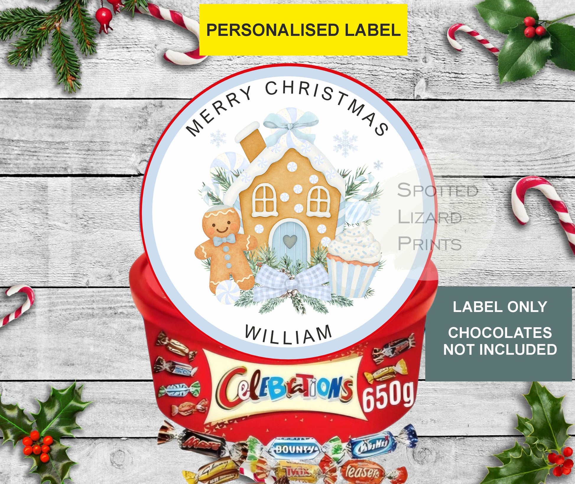 Personalised Christmas Chocolate Tub Labels, Merry Christmas Stickers