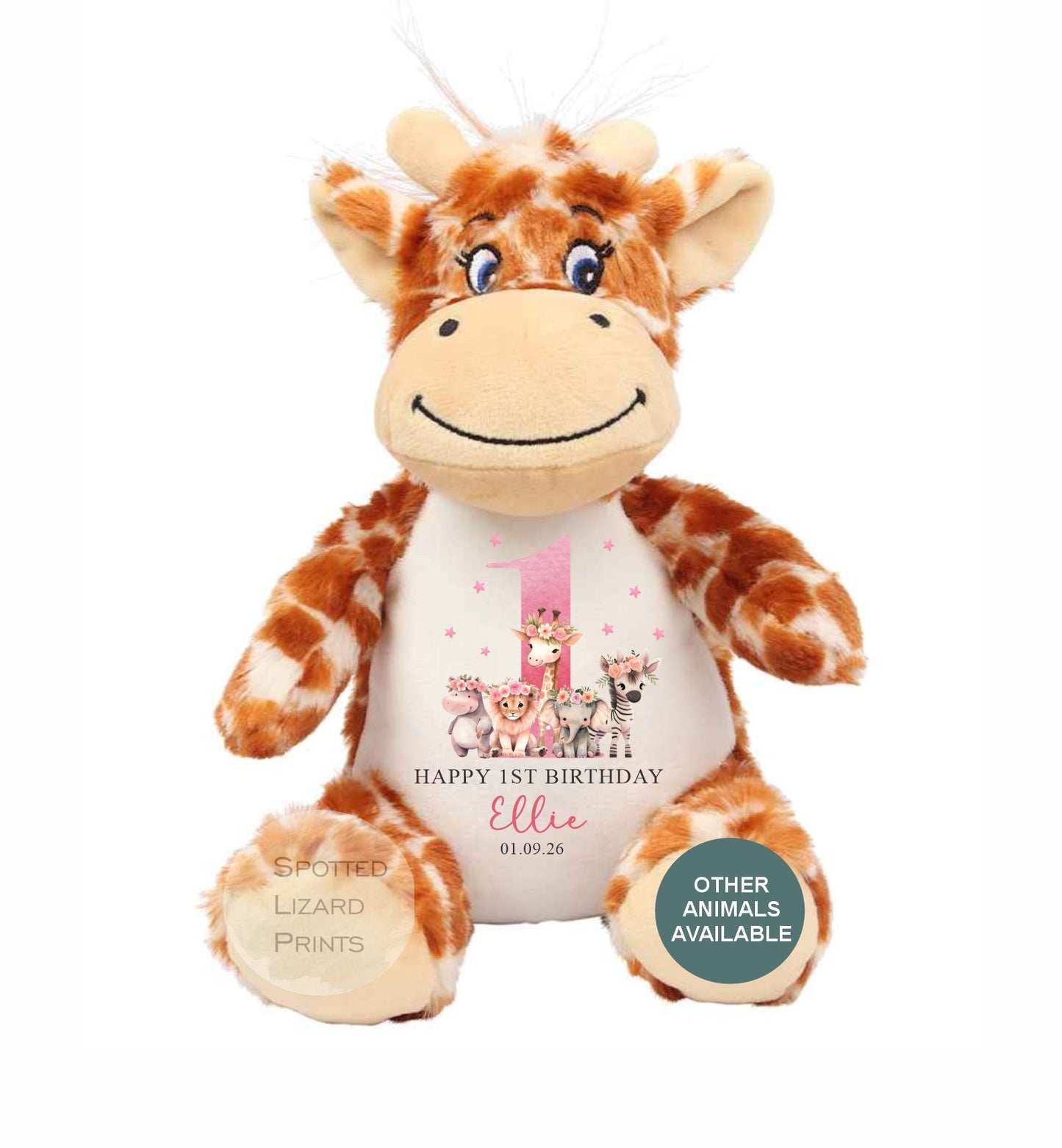 Personalised First Birthday , Safari Pink 1st Birthday Gift Girl Teddy, 1st Baby Girl, Birthday Present, Personalised 1st Birthday Soft Toy
