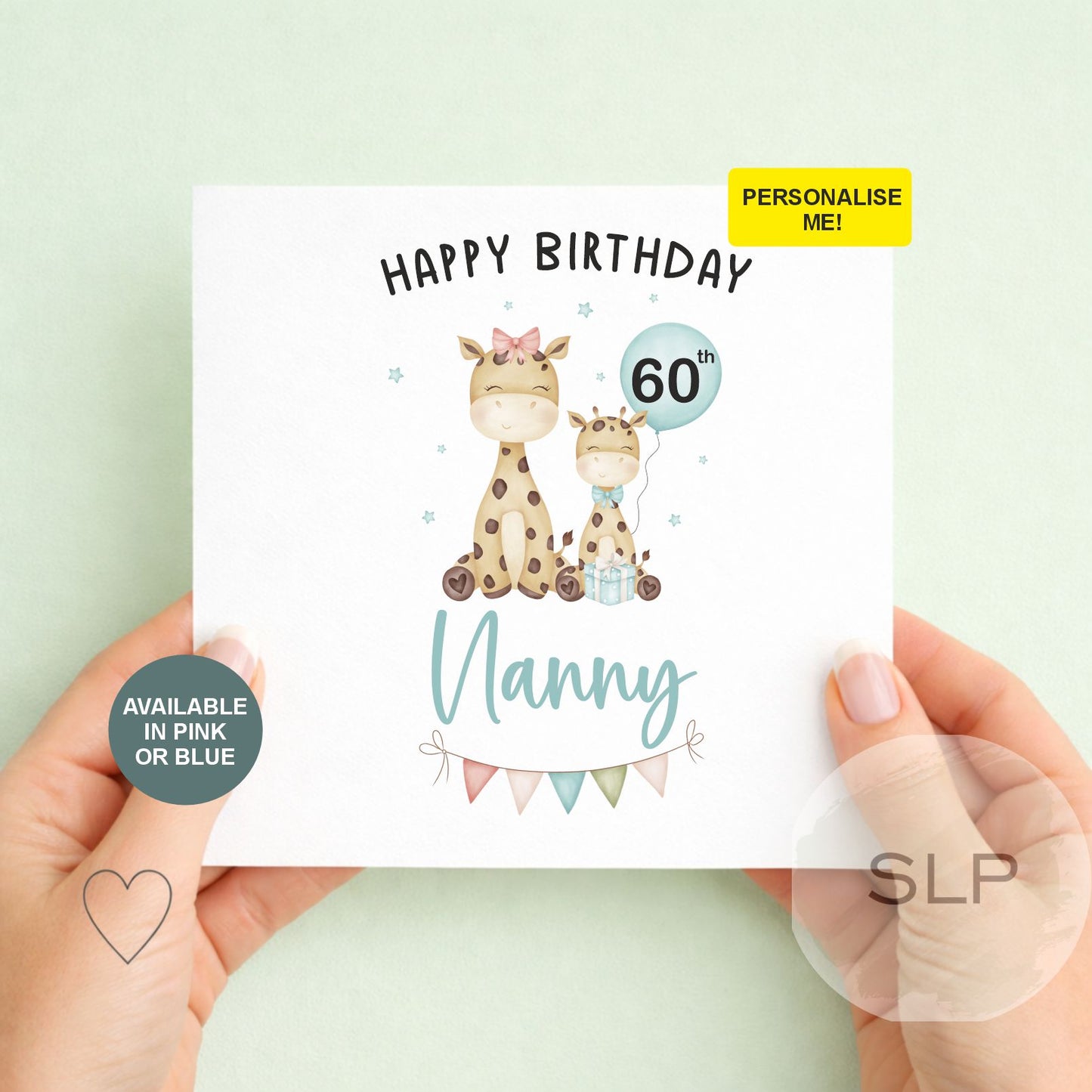 Personalised Milestone Birthday Card – Giraffe Grandma/Nanna – 60th, 70th, 80th – Pink or Blue