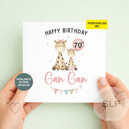 Personalised Milestone Birthday Card – Giraffe Grandma/Nanna – 60th, 70th, 80th – Pink or Blue