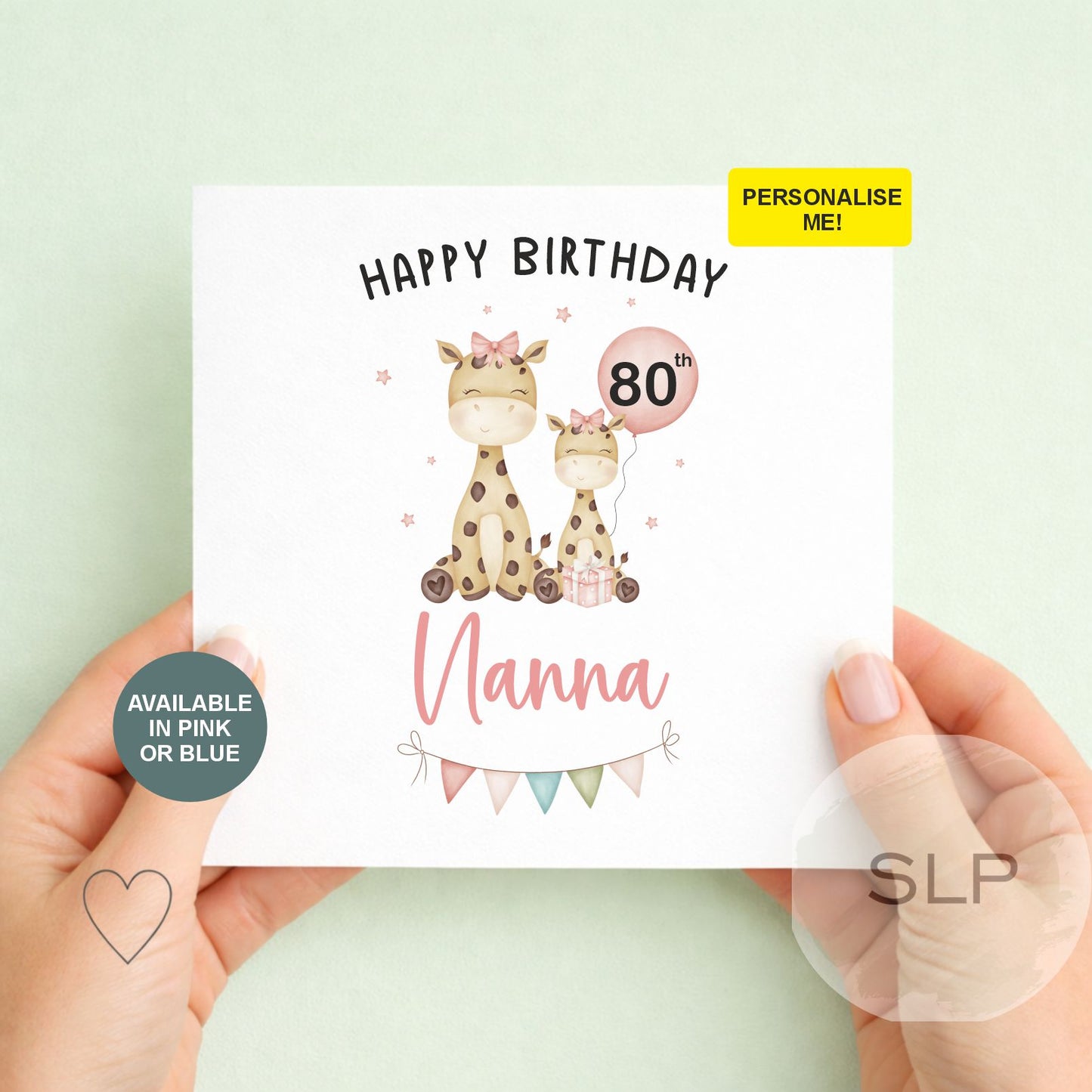 Personalised Milestone Birthday Card – Giraffe Grandma/Nanna – 60th, 70th, 80th – Pink or Blue