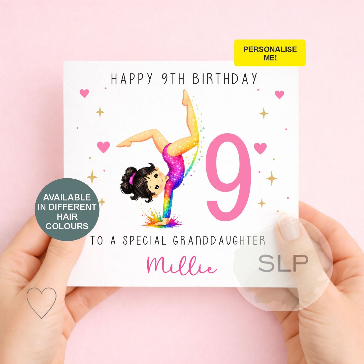 Personalised gymnastics birthday card for girls with custom name, age, relationship and hair colour. A colourful card for daughters, granddaughters and nieces.