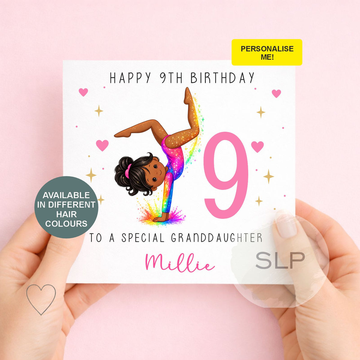Personalised gymnastics birthday card for girls with custom name, age, relationship and hair colour. A colourful card for daughters, granddaughters and nieces.